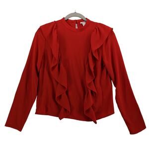 Forever 21 Ruffle‎ Blouse Small Red Long Sleeve Button Back Keyhole Fancy Staple